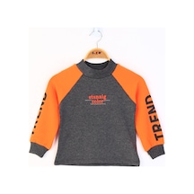 Toontoy Kız Çocuk Relax Fit Dik Yaka Reglan Kol Baskılı Sweatshirt - Renk Bloklu & 2 İplik Antrasit