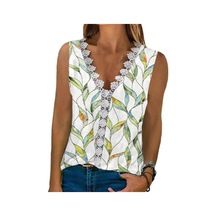 V Yaka Dantel Çiçek Baskı Yaz Bluzlar Kadın 2023 Kolsuz Rahat Gömlek Üstleri Kadın Moda Zarif T Gömlek Kadın Giyim 24858 Floral