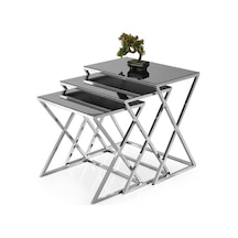 Çapraz Metal Ayak Kare Z 3'lü Zigon Sehpa Camlı 001