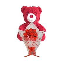Sevimli 35 Cm Peluş Ayı İle Premium Yumoş Kırmızı Peluş Ayıcık Buketi