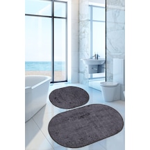 Nova Antrasit Oval 60x100 + 50x60 Cm 2'li Banyo Paspası Seti Kaymaz Antrasit