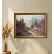 Klasik Gold Çerçeveli Dağ Manzaralı Tablo Orman Ve Dere Lüks Salon Duvar Dekoru 80x60 Cm