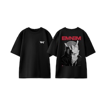 Thewert Eminem 4 Tasarım Sırt Baskılı Pamuk Siyah Oversize T-shirt