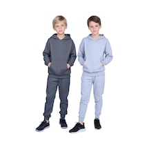 2'li Kanguru Cepli Kapüşonlu Düz Baskısız Erkek Çocuk Eşofman Takımı Füme - Gri