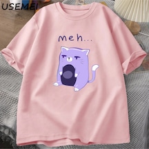Flood Of Style Meh Kedi T-shirt Erkek Giysileri O Boyun Pamuk Tee Büyük Boy T Streetweed Pamuklu Üs Pembe