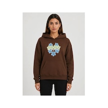 Herkesemoda Kalp Çiçek Baskılı Kapüşonlu 2 İplik Şardonlu Sweatshirt Kahverengi