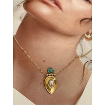 Pinery Jewels Firuze İnci Taşlı Kalkan Gold Paslanmaz Çelik Kadın Kolye Moder Altın
