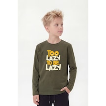 Panios Kids Yuvarlak Yaka Uzun Kollu Baskı Detaylı Erkek Çocuk Sweatshirt Haki