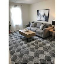 Nesrin Kaymaz Jel Taban Modern Kesme Yolluk Salon Halisi Koyu Gri Siyah Şekil