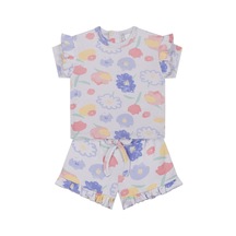 Antebies Organik Lila Suluboya Çiçek Desenli Fırfırlı Kısa Kollu Kız Bebek Tshirt Şort Takımı Mor