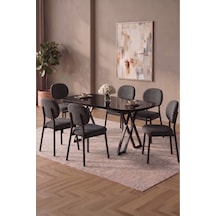 Hooli 90x168 Siyah Mdf Masa, Metal X Ayak, Metal Sandalye, 6 Kişilik Mutfak Masası Takımı Ve Yemek Masası Takımı Antrasit