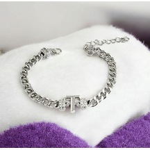 Hg.Aksesuar Kadın Zirkon Taşlı Çelik T Harf Bileklik 887811 Gümüş