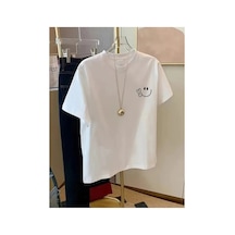 Kadın Gülücük Baskılı Tişört Kısa Kol Bisiklet Yaka Oversize T-shirt - Beyaz