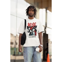 Rock Metal Müzik Grubu Ac Dc Baskılı Unisex Tişört, Oversize High Beyaz