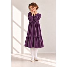 Moda Kız Çocuk Modest Pamuk Kadife Midi Elbise Mor Mor