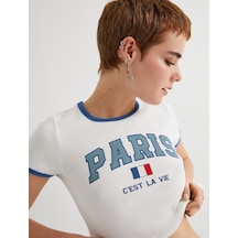 Koton Paris Crop Tişört Baskılı Kısa Kollu Bisiklet Yaka Slim Fit Ekru 4sal10022ık 4SAL10022IK010 Ekru