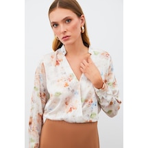 Sateen Desenli Kruvaze Bluz - Vizon-135216 Vizon