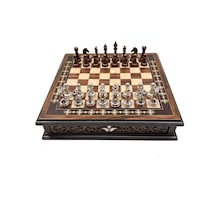 Özel - 46 - Tasarım El İşi Yuvarlak Satranç Tahtası Ve Metal Satranç Taşları Mcyv36 - Bakır-gümüş, - Kmrsfres - Kahve Ta