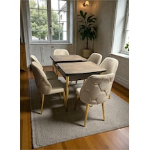 Msy Home 6 Kişilik Açelya Gold Detaylı Modern Yemek Masası Takımı -sonomo Kelebek Masa Seti Bej