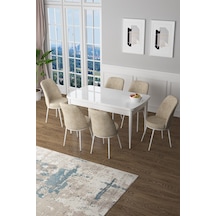 Canisa Zen Serisi 80x132 Mdf Açılabilir Beyaz Masa Takımı Ve 6 Krem Sandalye Masa Beyaz Sandalyeler Krem