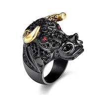 Boğa Yüzük Rhinestone Taşlı Black Bull Gold Horn 316L Paslanmaz Ç Bronz