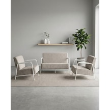 Atlas 2+1+1 Dokuma Kumaş Ofis Cafe Bekleme Koltuk Takımı Beyaz Metal Kum Beji Yeşil