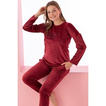 Farya Home Luxury Velvet Fransız Kadife Yazı Detaylı Pijama Takımı Bordo