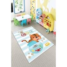 Mavi Kaymaz Tabanlı Yıkanabilir Kedili Bebek Halısı Ar046n11