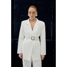 Sateen Kemer Detaylı Blazer Ceket Ekru