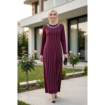 Hb Harma Time Butik Kadın Taş İşlemeli Kristal Kumaş Uzun Tesettür Bordo Elbise Bordo Bordo