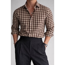 Cool Tarz Erkek Ekose Gömlek Slim Fit Pamuklu Uzun Kollu Günlük Şık Gömlek Krem Krem
