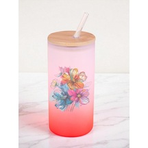 Çiçekler Baskılı 600 Ml Cam Matara- Su Matarası, Suluk Matara, Cam Pipetli Matara Kırmızı