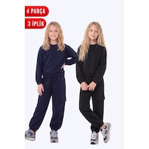 Fyk Kids 3 İplik Kız Çocuk Düz Kısa Bel Sweatshirt Bisiklet Yaka 2'li Eşofman Takımı Lacivert-siyah