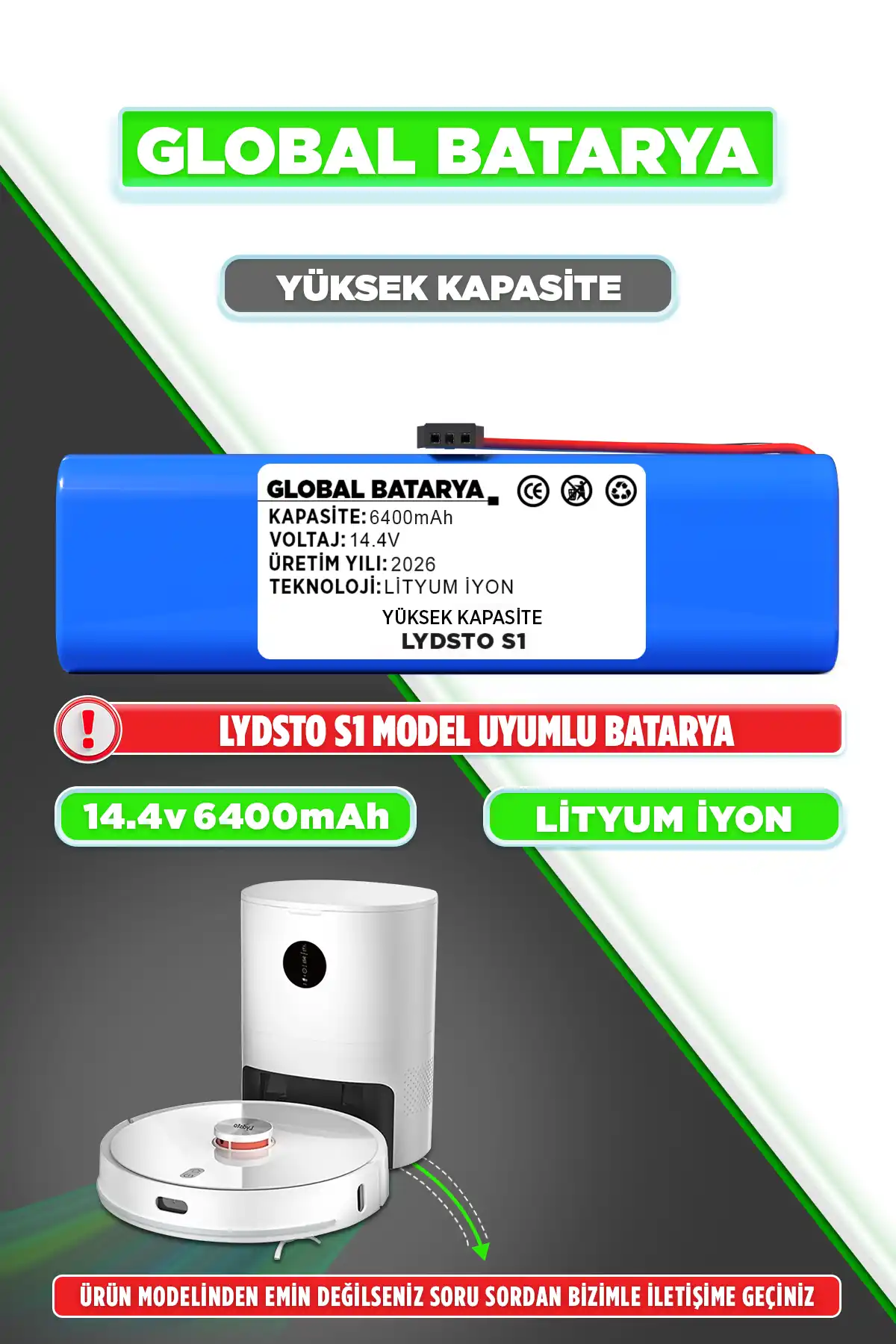 Lydsto S1 Uyumlu Akıllı Robot Süpürge Bataryası 14.4v 6400mah Li-ion Pil Yüksek Kapasite