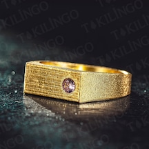 925 Ayar Gümüş Altın Kaplama Pembe Zirkon Taşlı Erkek Yüzük Gümüş