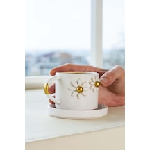 Rivaistanbul Gold Papatya Amore El Yapımı Seramik Double Kahve Fincanı Mug Kupa Krem
