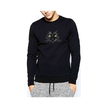 Black Cat For 2 Baskılı Siyah Erkek Örme Sweatshirt