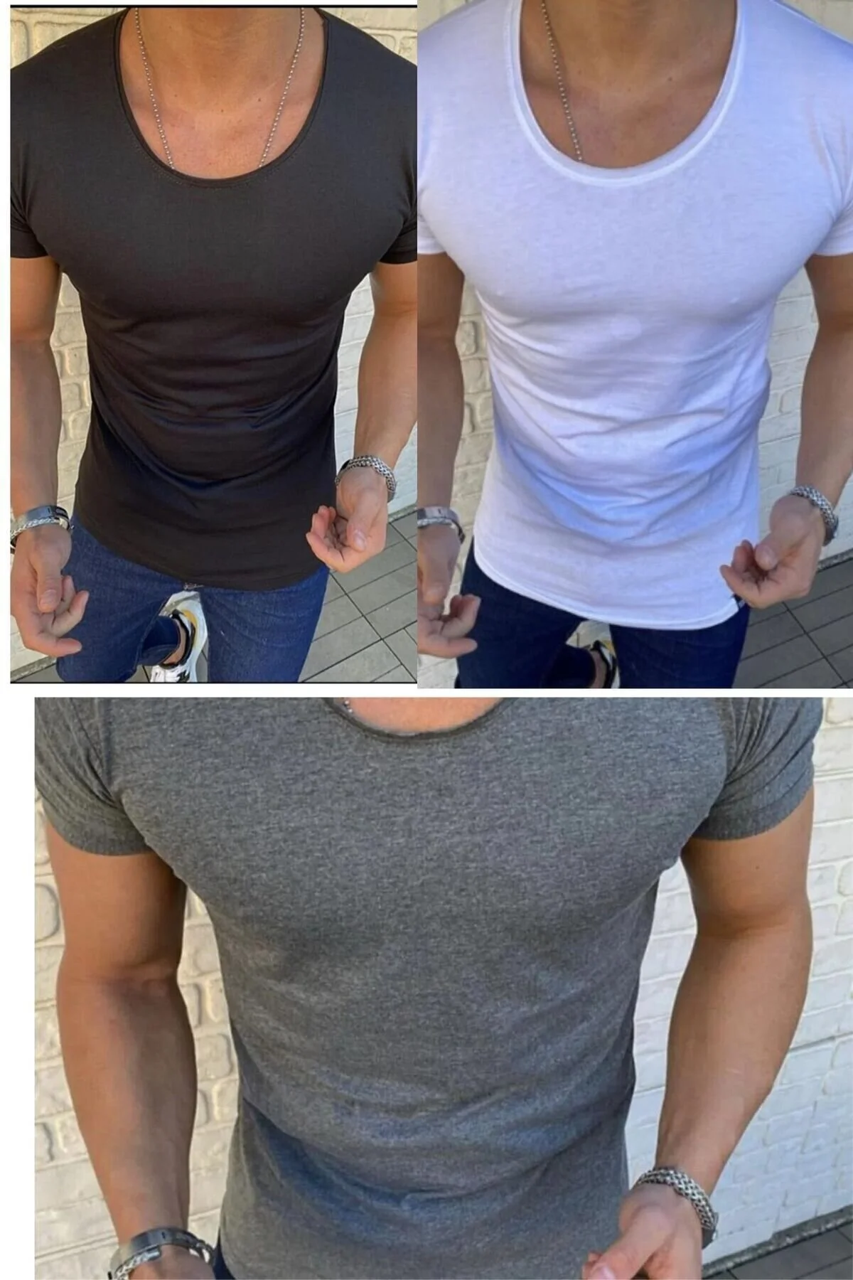 Erkek 3 Lü Paket Oval Yaka Siyah Beyaz Koyu Gri Tişört Açık Yaka Likralı Slim Fit T-shirt Siyah-beyaz-koyu Gri
