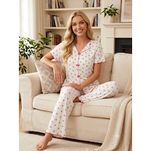 Kadın Kısa Kollu Yumuşak Tuşe Yazlık Likralı Kaşkorse Kumaş Pijama Takım Beyaz Kiraz