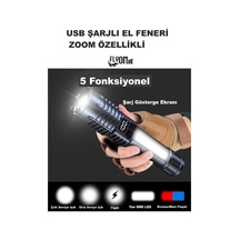 Usb Şarjlı El Feneri 5 Fonksiyonlu P50 Led -smd Led Zoomlu Gösterge Ekranlı Kamp Ev Ofis Balıkçılık Beyaz - Siyah