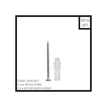 Dübel-vida Seti, Beyaz Dübel 6 Mm, 3,5x50 Yhb Sunta Vidası, 10 Adet