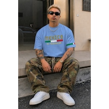 Tarz Cool Erkek Regular Baskılı Tişört Mexico Yazılı %100 Pamuk Rahat Kesim T-shirt Mavi