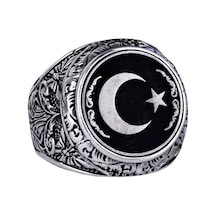 Yıldız Ve Ay Yüzüğü - Erkekler İçin 925 Ayar Gümüş Bayrak Yüzüğü Gümüş