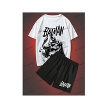 Batman X Romwe Erkek Karikatür Baskılı Yuvarlak Yaka T-shirt Ve Şort İkili Takım Beyaz