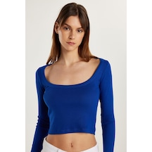 Tudors Kadın Modal Kumaş Slim Fit Dar Kesim Kare Yaka Mavi Bluz-33384 Mavi