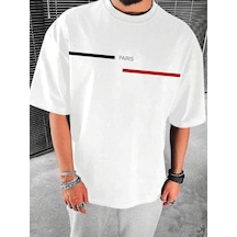 Paris Çizgi Süprem T-shirt - Beyaz Baskılı Oversize Bisiklet Yaka Tişört Beyaz-78774