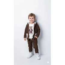 Bontino Erkek Çocuk %100 Pamuk Kadife Hırka, Pantolon Ve Ayıcık Baskılı Sweatli 3'lü Premium Seri K.kahverengi