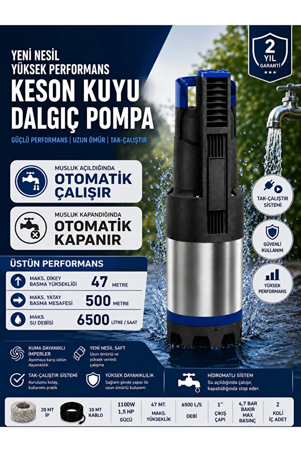 1100w 1.5 Hp Hidromatlı Keson Kuyu Dalgıç Pompa