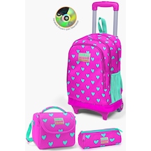 Coral High Kids Neon Pembe Su Yeşili Kalp Desenli Çekçekli 3'lü Çanta Seti Set0123133