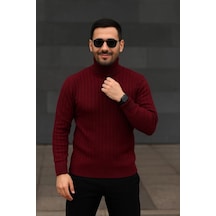 Efnaz Style Erkek Balıkcı Yaka Bağazlı Triko Kazak Pamuklu Kalın Fitilli Dokuma, Regular Fit Uzun Kollu Kışlık Model - Bordo